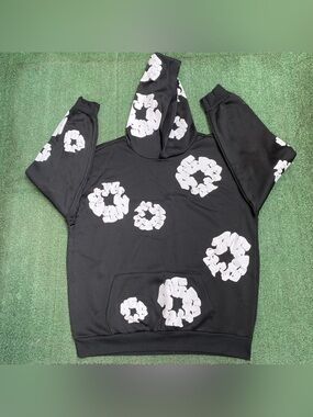 Black Hoodie with White Floral Ring Prints - Unbranded